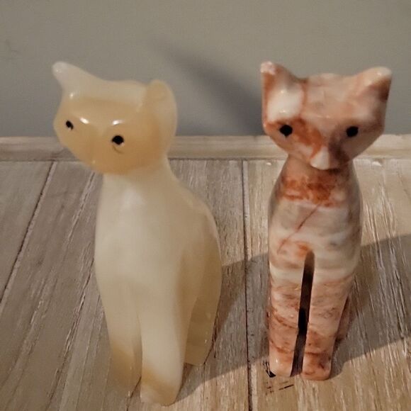 Vintage Pink Coral Marble Stone Cat & Honey Onxy Cat Tabletop Decor Crystal - Picture 7 of 7